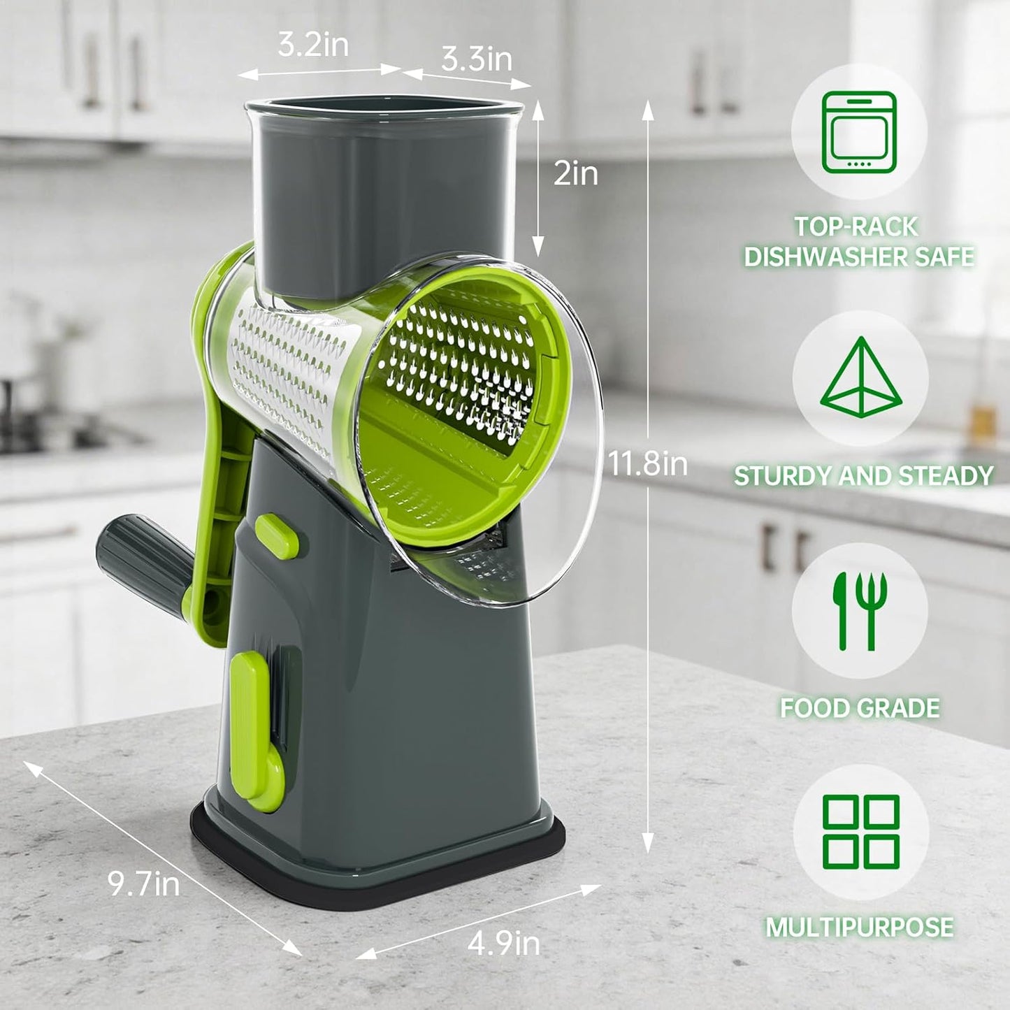 Rotary Cheese Grater Cheese Shredder with 5 Interchangeable Blades, Rotary Grater with Non-slip Suction Base Hand Crank Slicer for Vegetable Nuts White