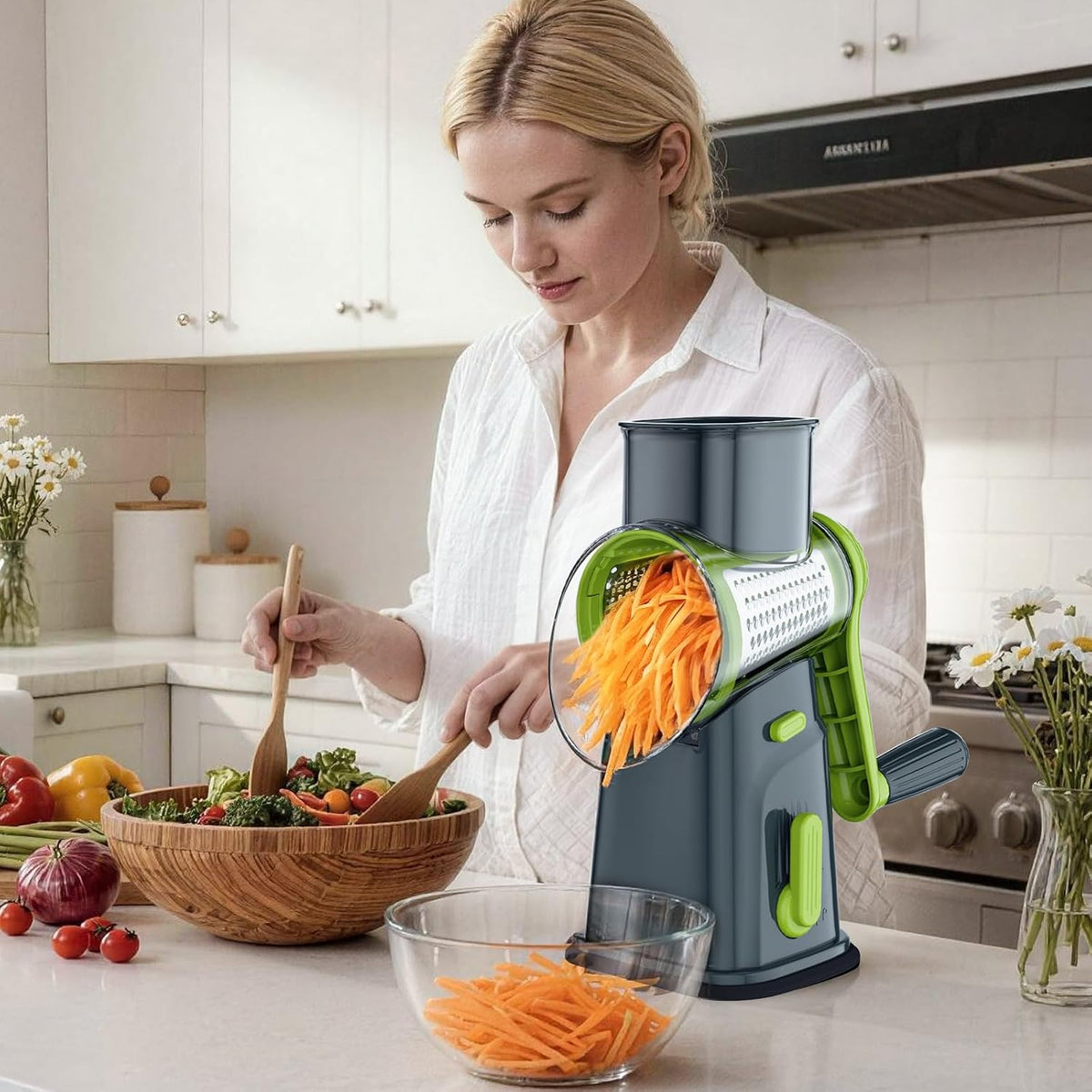 Rotary Cheese Grater Cheese Shredder with 5 Interchangeable Blades, Rotary Grater with Non-slip Suction Base Hand Crank Slicer for Vegetable Nuts White