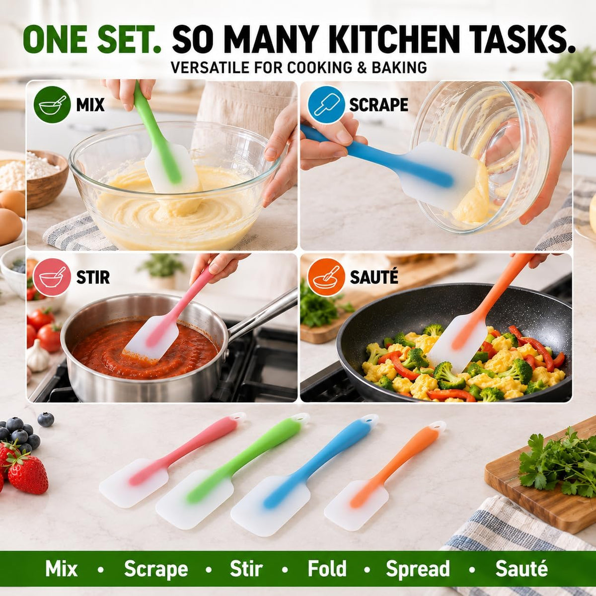 Silicone Spatula Set of 4, Heat Resistant, Food Grade