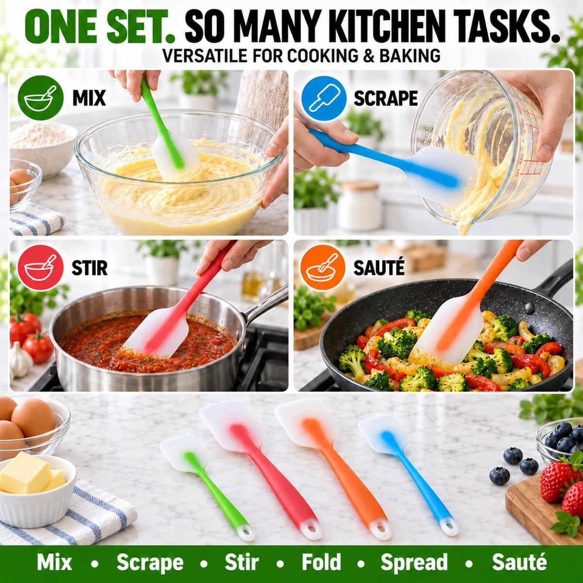 Silicone Spatula Set of 4, Heat Resistant, Food Grade