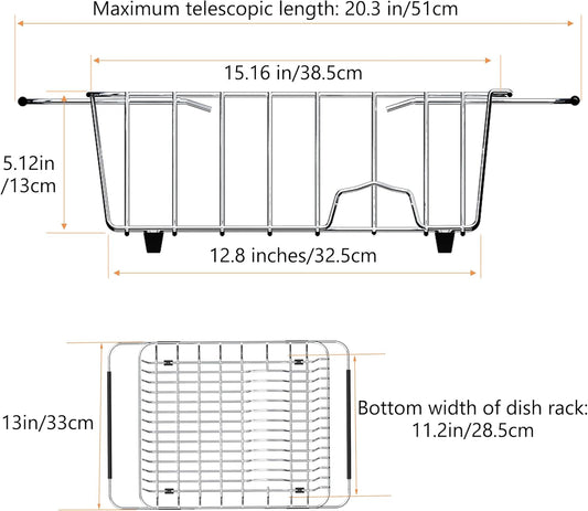 Stainless Steel Dish Drying Rack(15"L X 12.6"W X 4.7"H), Expandable Fruit & Vegetable Drain Rack over Sink, Dish Drainer Rack in Sink, with Stainless Steel Utensil Holder & Silicone Mat(16")