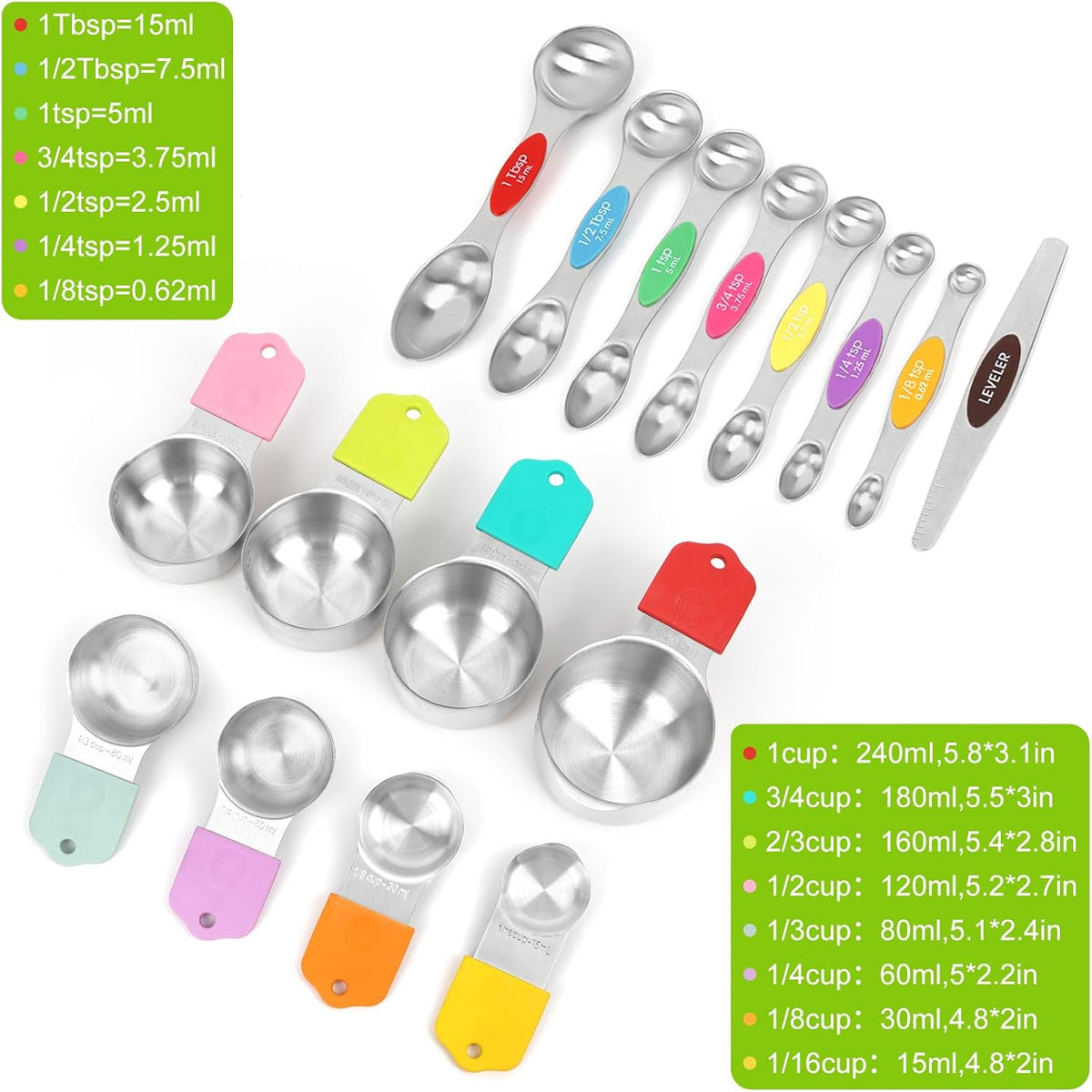 Magnetic Measuring Cups and Spoons Set | 16-Piece Stainless Steel Metal Baking Essentials (8 Cups +7 Spoons + 1 Leveler) with Space-Saving Design | Cookware Gift Idea
