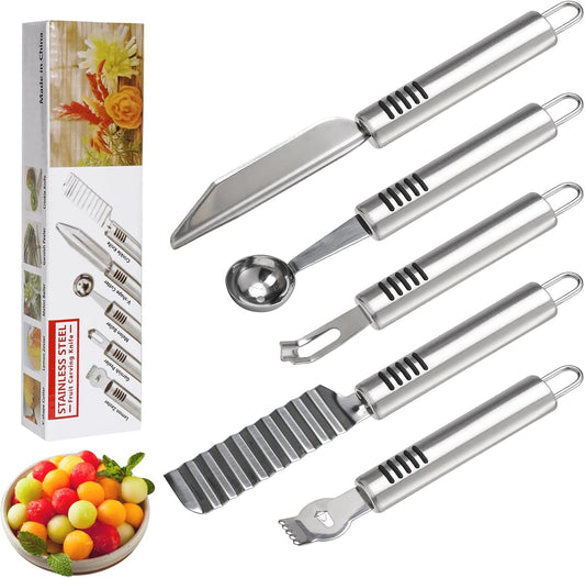 6Pcs Stainless Steel Fruit Carving Knife Set,Fruit&Vegetable Tool | Melon Baller Scoop,Crinkle&V-shape Cutter,Lemon Zester&Peeler,Detail Carving Tool,For Fruits/Veggies,Party Platter Garnishing
