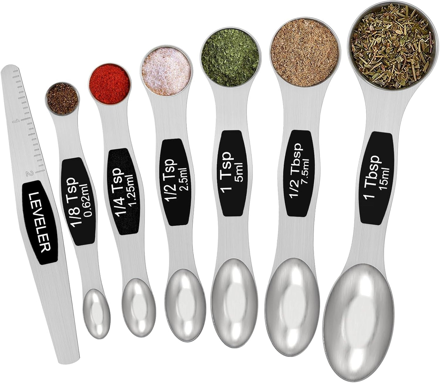 Magnetic Measuring Spoons Set - Stainless Steel Double Sided Measuring Spoons Set of 7 Black, for Dry & Liquid Ingredients, Including 6 Heavy Duty Nesting Spoons, 1 Leveler, Fits in Spice Jar