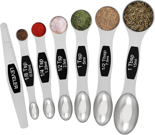 Magnetic Measuring Spoons Set - Stainless Steel Double Sided Measuring Spoons Set of 7 Black, for Dry & Liquid Ingredients, Including 6 Heavy Duty Nesting Spoons, 1 Leveler, Fits in Spice Jar