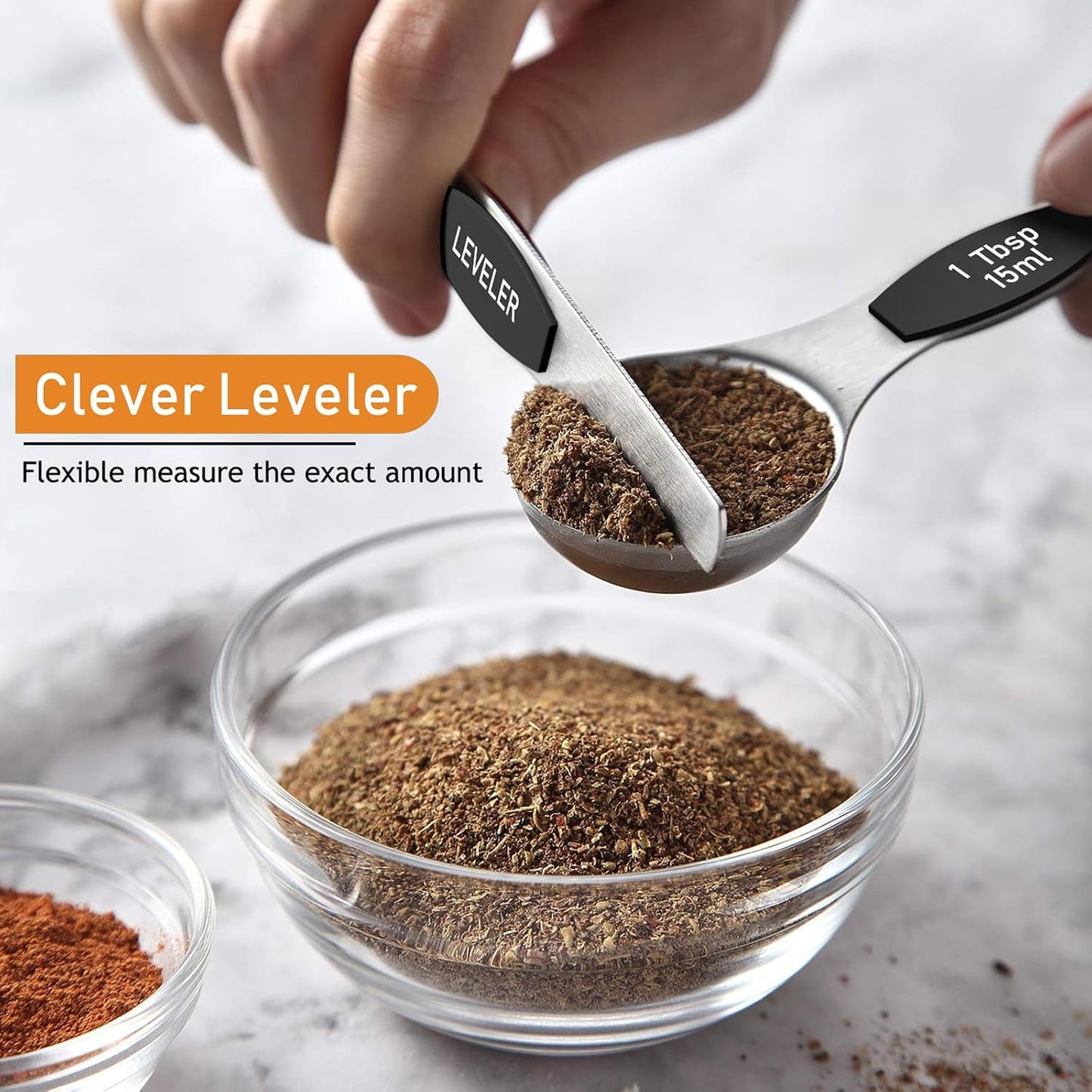 Magnetic Measuring Spoons Set - Stainless Steel Double Sided Measuring Spoons Set of 7 Black, for Dry & Liquid Ingredients, Including 6 Heavy Duty Nesting Spoons, 1 Leveler, Fits in Spice Jar