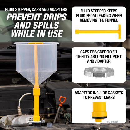 No-Spill Coolant Funnel Kit, 15 Piece Fluid and Oil Funnel Set, Allows Access To Hard-To-Reach Radiators