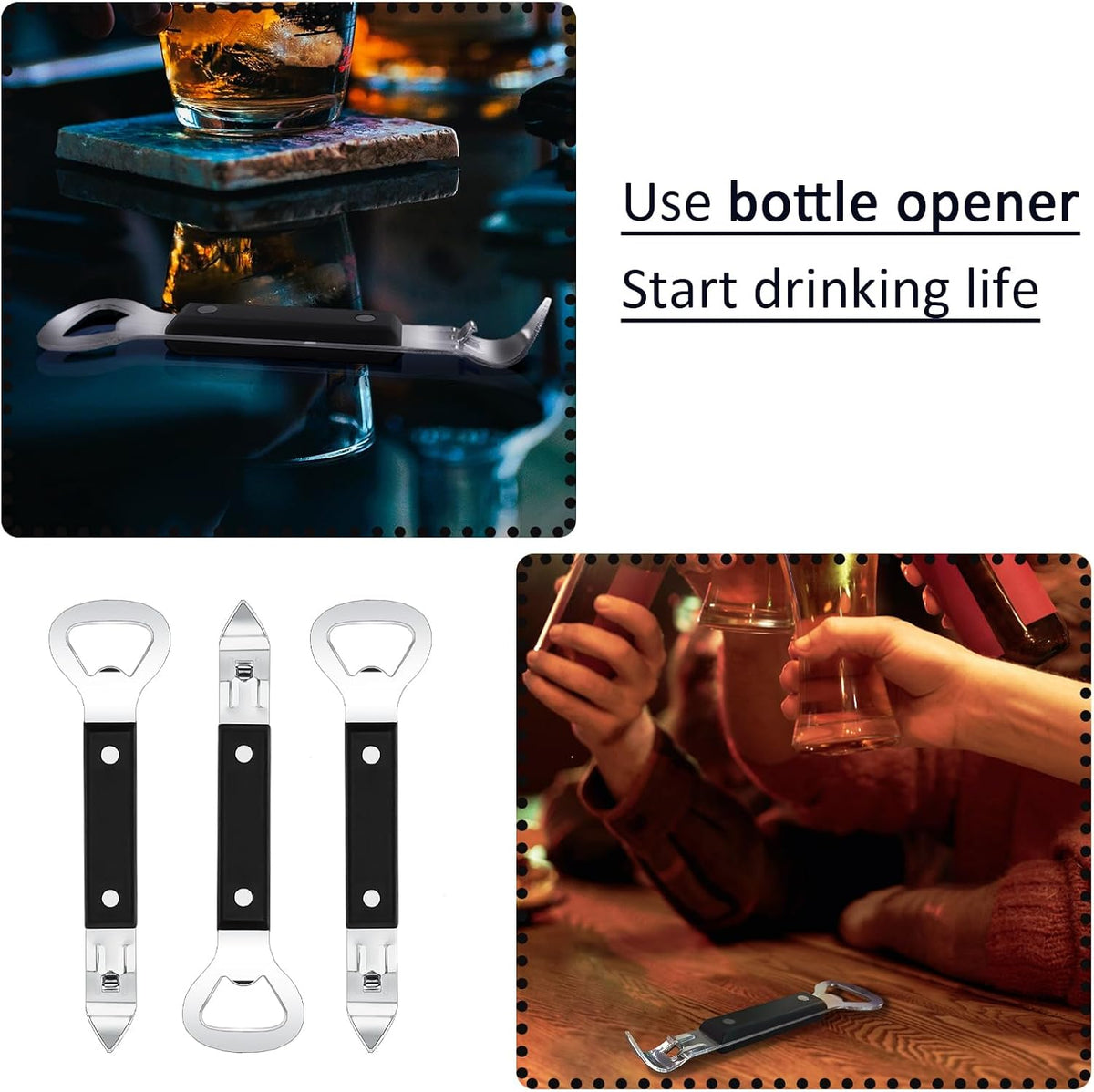 Can Punch Opener Little Cook Stainless Steel Can & Bottle Opener, Manual 2 in 1 Multifunctional Kitchen Tool, Dishwasher Safe (Black)