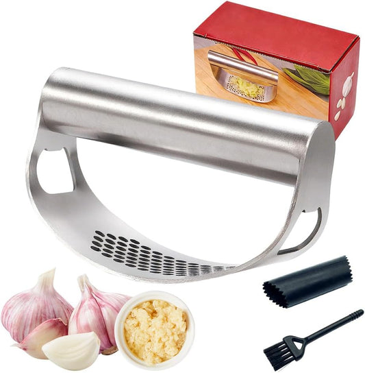 Garlic Press Rocker, Stainless Steel Garlic Crusher, Mincer and Chopper with Peeler and Cleaning Brush, Comfortable Grip & Effortless Smashing, Essential Kitchen Tools (Crusher+Peeler- 2PCS)