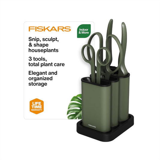 Indoor Plant Care 3-Piece Set, Precision Gardening Tools, Green | Nesting Storage Caddy, Detail Snips, Stem Shears & Bypass Pruner for Trimming & Shaping Houseplants, Stainless Steel Blades