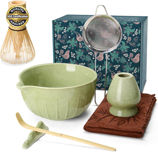 Matcha Whisk Set Ceramic Bowl Kit with Spout, Bamboo Chasen and Holder, Scoop Rest,Sifter Tea Towel Ceremonial Cute Matcha Tea Making Tool,Gift Perfect for Latte Lovers | Beginners,7pcs