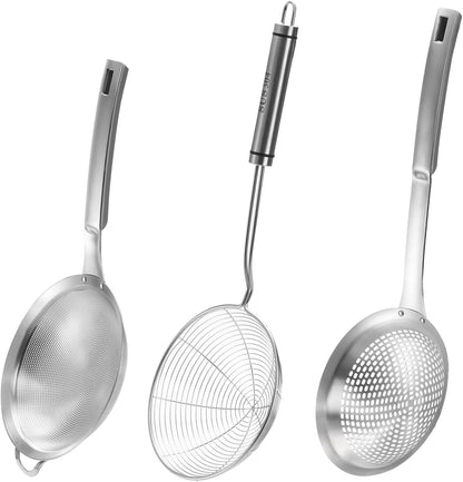3 Pieces Spider Strainer Skimmer Spoon Set, Fine Mesh Stainless Steel Sieve Food Strainers, Large Hole Slotted Colander Frying Spoons, Strainer Ladle Wire Skimmer Spoon with Handle for Kitchen