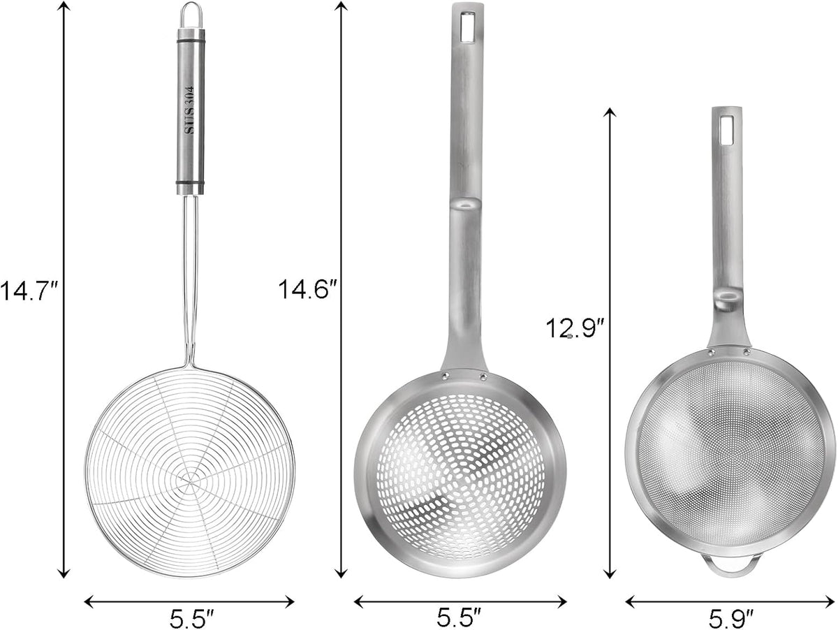 3 Pieces Spider Strainer Skimmer Spoon Set, Fine Mesh Stainless Steel Sieve Food Strainers, Large Hole Slotted Colander Frying Spoons, Strainer Ladle Wire Skimmer Spoon with Handle for Kitchen