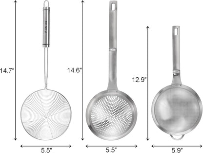 3 Pieces Spider Strainer Skimmer Spoon Set, Fine Mesh Stainless Steel Sieve Food Strainers, Large Hole Slotted Colander Frying Spoons, Strainer Ladle Wire Skimmer Spoon with Handle for Kitchen