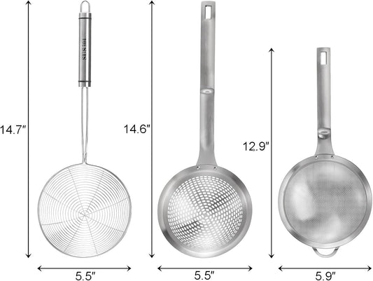 3 Pieces Spider Strainer Skimmer Spoon Set, Fine Mesh Stainless Steel Sieve Food Strainers, Large Hole Slotted Colander Frying Spoons, Strainer Ladle Wire Skimmer Spoon with Handle for Kitchen