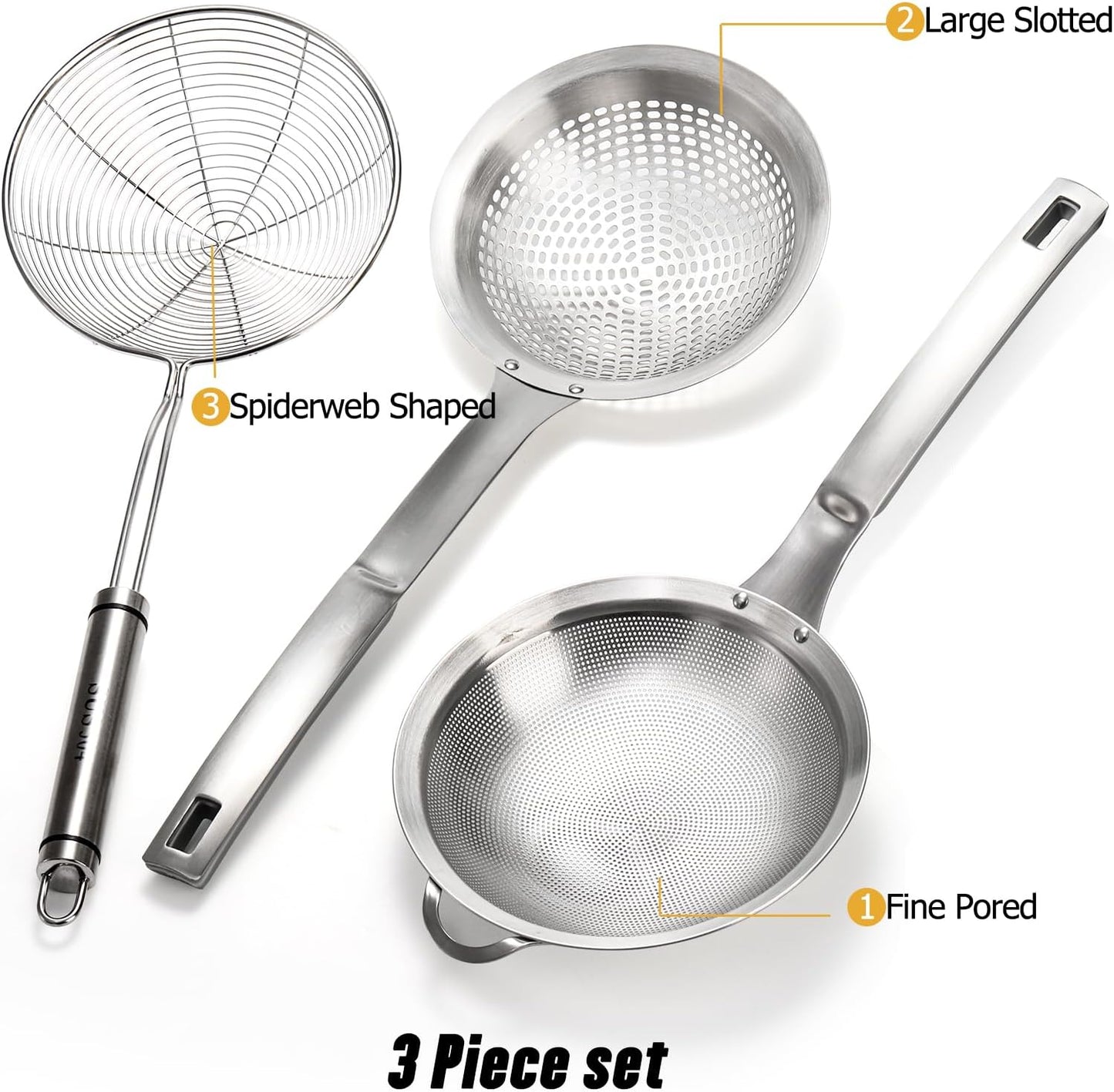 3 Pieces Spider Strainer Skimmer Spoon Set, Fine Mesh Stainless Steel Sieve Food Strainers, Large Hole Slotted Colander Frying Spoons, Strainer Ladle Wire Skimmer Spoon with Handle for Kitchen