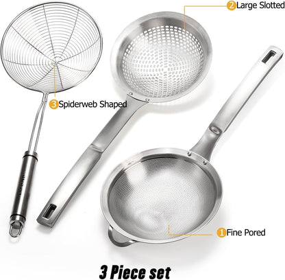 3 Pieces Spider Strainer Skimmer Spoon Set, Fine Mesh Stainless Steel Sieve Food Strainers, Large Hole Slotted Colander Frying Spoons, Strainer Ladle Wire Skimmer Spoon with Handle for Kitchen
