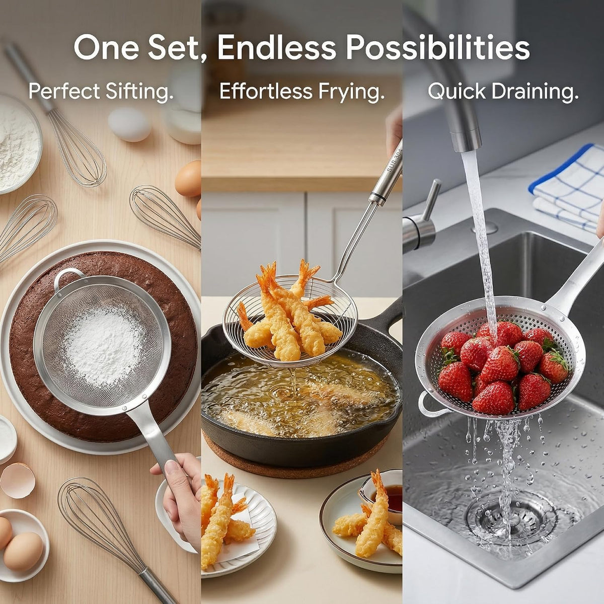 3 Pieces Spider Strainer Skimmer Spoon Set, Fine Mesh Stainless Steel Sieve Food Strainers, Large Hole Slotted Colander Frying Spoons, Strainer Ladle Wire Skimmer Spoon with Handle for Kitchen