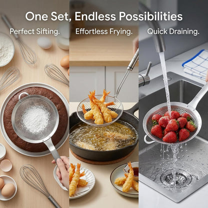 3 Pieces Spider Strainer Skimmer Spoon Set, Fine Mesh Stainless Steel Sieve Food Strainers, Large Hole Slotted Colander Frying Spoons, Strainer Ladle Wire Skimmer Spoon with Handle for Kitchen