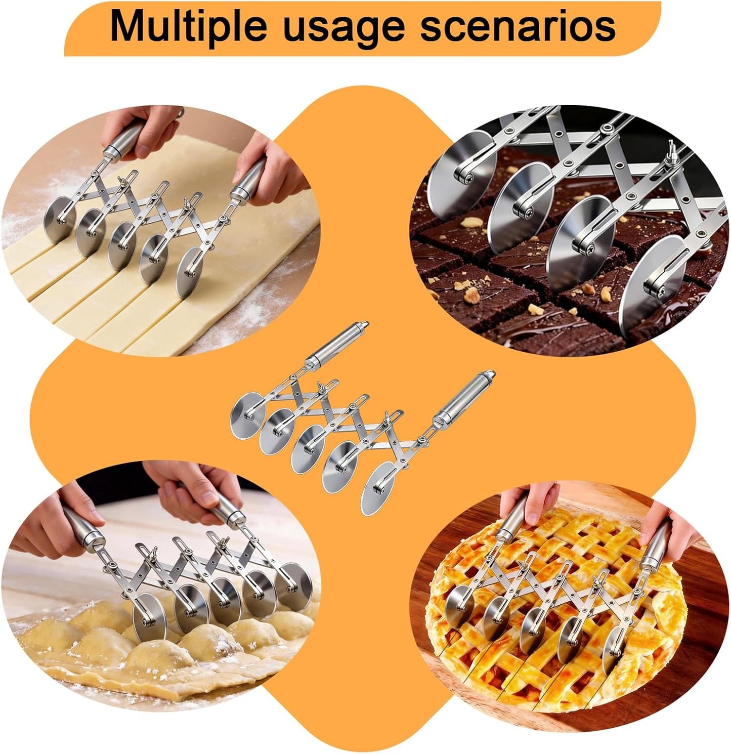 5-Wheel Pastry Cutter & Dough Divider - Adjustable Heavy Duty Stainless Steel Tool for Cinnamon Rolls, Brownies, Lattice, Pasta, Pizza | Achieve Perfect, Even Cuts Every Time