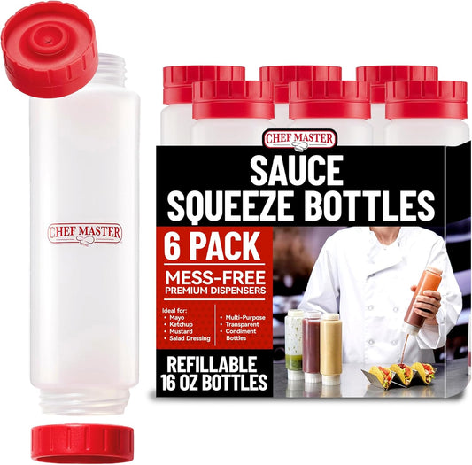 Chef Master 16 Oz. Squeeze Bottles for Sauces (6-Pack) - FIFO, Inverted - Condiment Squeeze Bottles for Liquids, Sauces, Batter & Dressing - Fill & Flip, Refillable - For Restaurants & Diners - 90291