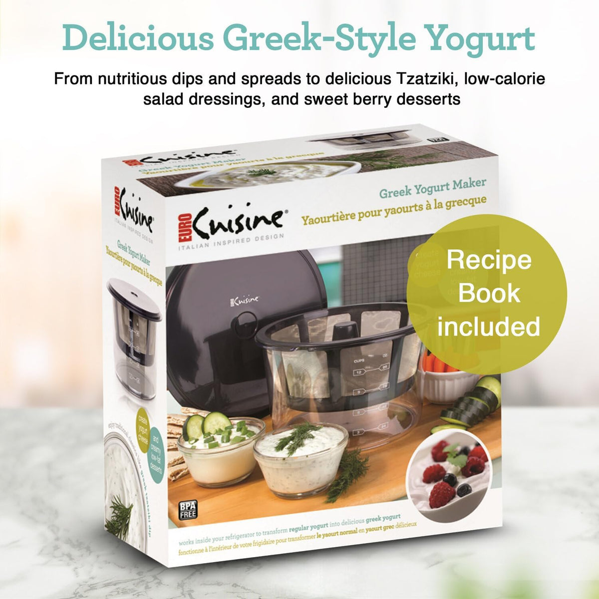 GY60 Greek Yogurt Maker with Ultra Fine Mesh Stainless Steel Strainer Basket, BPA Free, Patented Greek Yogurt Strainer, Ideal for Healthy Homemade Yogurt, Dips, and Desserts