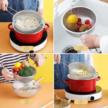 Stainless Steel Basin Colander with Handle Kitchen Strainer, Resting Feet and Colander to Strain, Rinse, Fry, Steam or Cook Vegetables & Pasta & Wash fruits