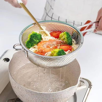 Stainless Steel Basin Colander with Handle Kitchen Strainer, Resting Feet and Colander to Strain, Rinse, Fry, Steam or Cook Vegetables & Pasta & Wash fruits