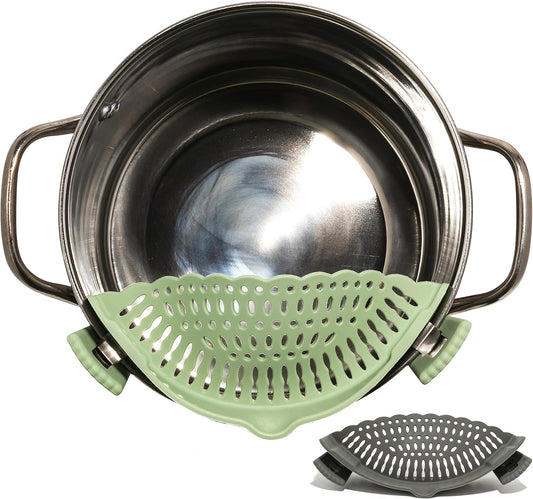 Clip on Silicone Strainer, Colander Fit Most Pots, Pans, Bowls, Ideal for Pasta, Vegetables, Fruit, Non-Toxic, BPA Free, 2 Pack, Green, Gray