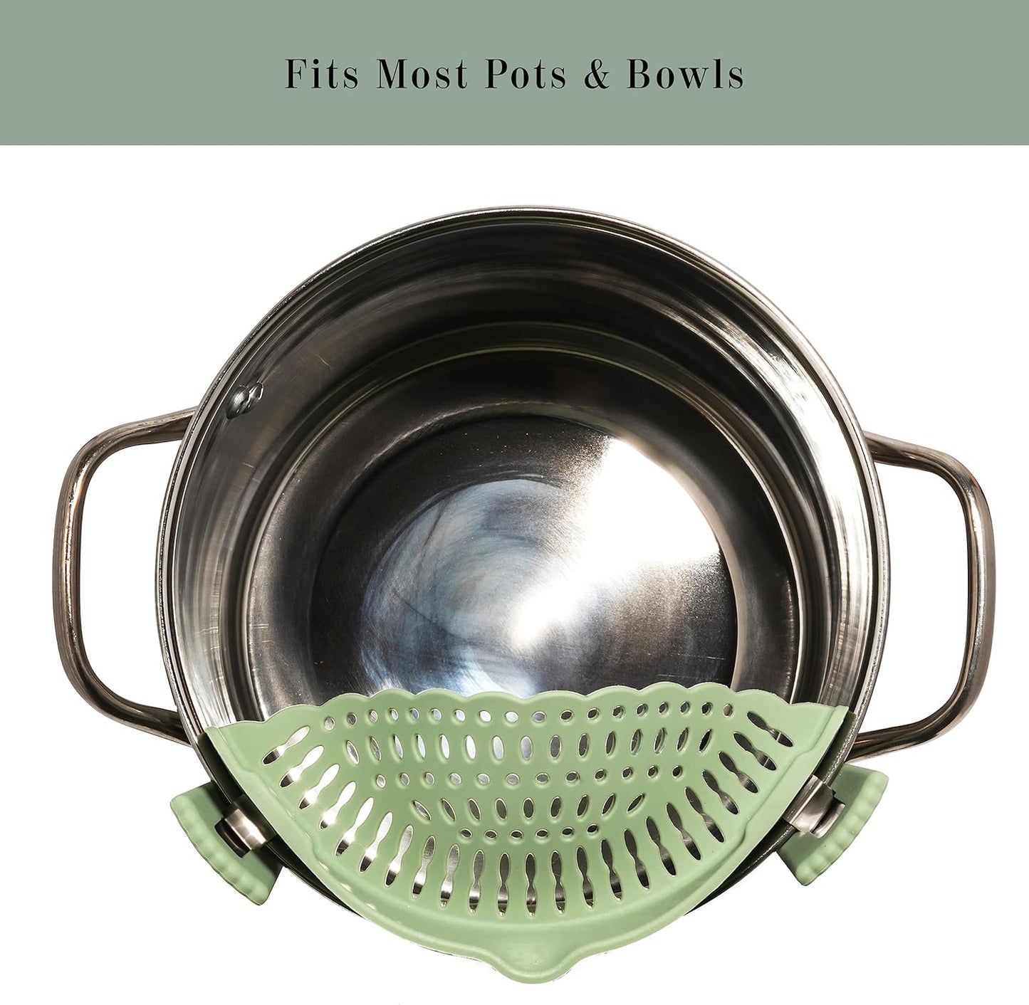 Clip on Silicone Strainer, Colander Fit Most Pots, Pans, Bowls, Ideal for Pasta, Vegetables, Fruit, Non-Toxic, BPA Free, 2 Pack, Green, Gray