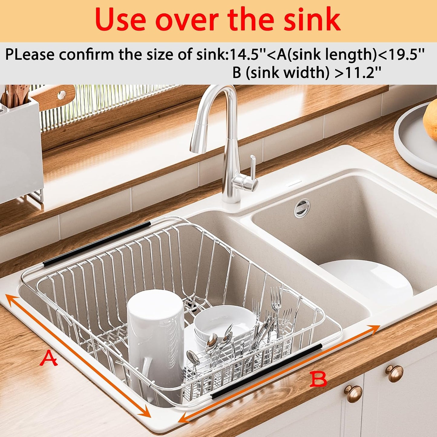 Stainless Steel Dish Drying Rack(15"L X 12.6"W X 4.7"H), Expandable Fruit & Vegetable Drain Rack over Sink, Dish Drainer Rack in Sink, with Stainless Steel Utensil Holder & Silicone Mat(16")