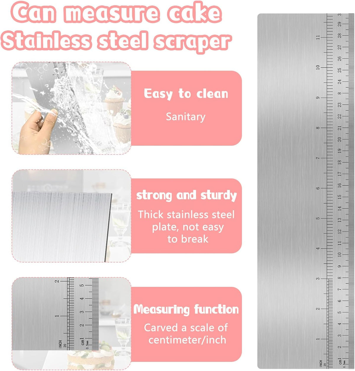 12 Inches Stainless Steel Cake Scraper Leveler and Smoother Metal Cake Scraper Frosting Smoother Baking Scraper Tool for Buttercream