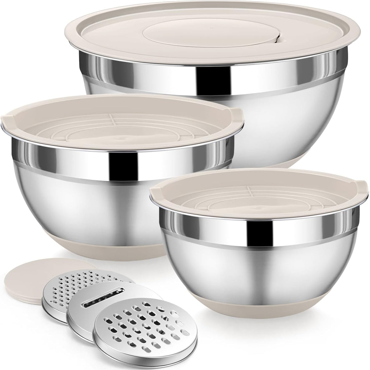 Mixing Bowl with Lid Set of 3, Stainless Steel Salad Bowls, Khaki