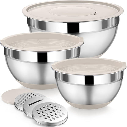 Mixing Bowl with Lid Set of 3, Stainless Steel Salad Bowls, Khaki