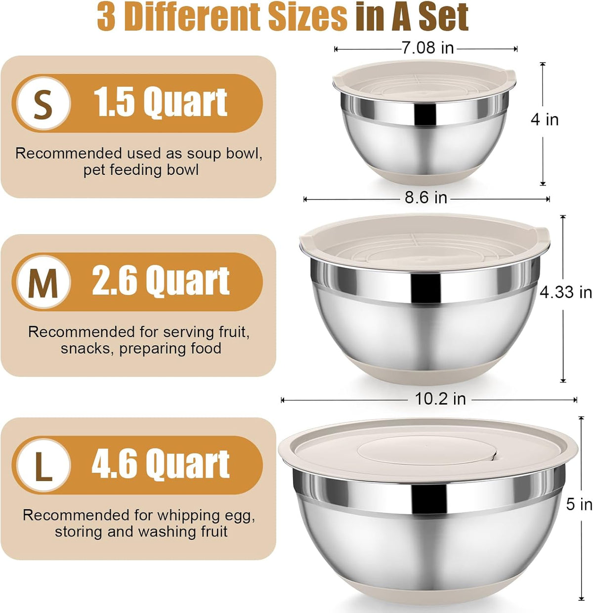 Mixing Bowl with Lid Set of 3, Stainless Steel Salad Bowls, Khaki