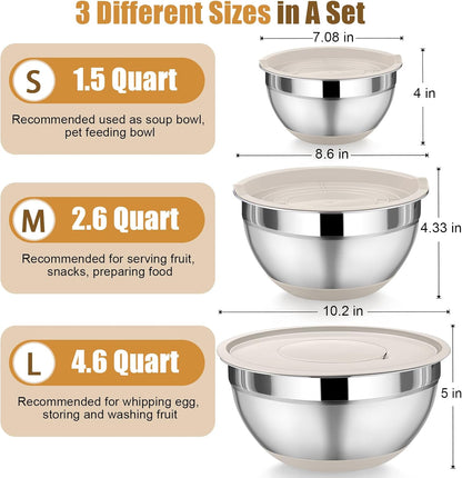 Mixing Bowl with Lid Set of 3, Stainless Steel Salad Bowls, Khaki