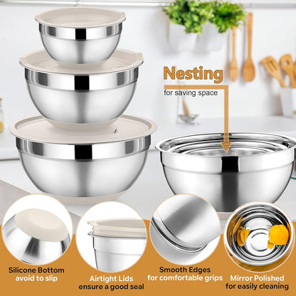 Mixing Bowl with Lid Set of 3, Stainless Steel Salad Bowls, Khaki