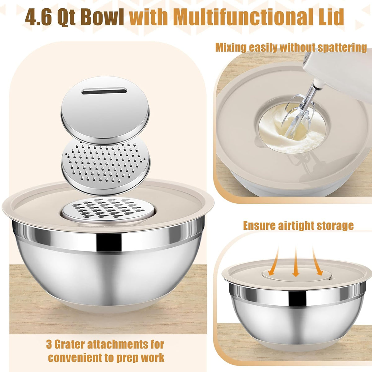 Mixing Bowl with Lid Set of 3, Stainless Steel Salad Bowls, Khaki