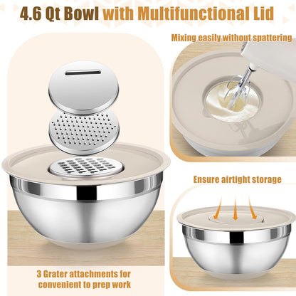 Mixing Bowl with Lid Set of 3, Stainless Steel Salad Bowls, Khaki