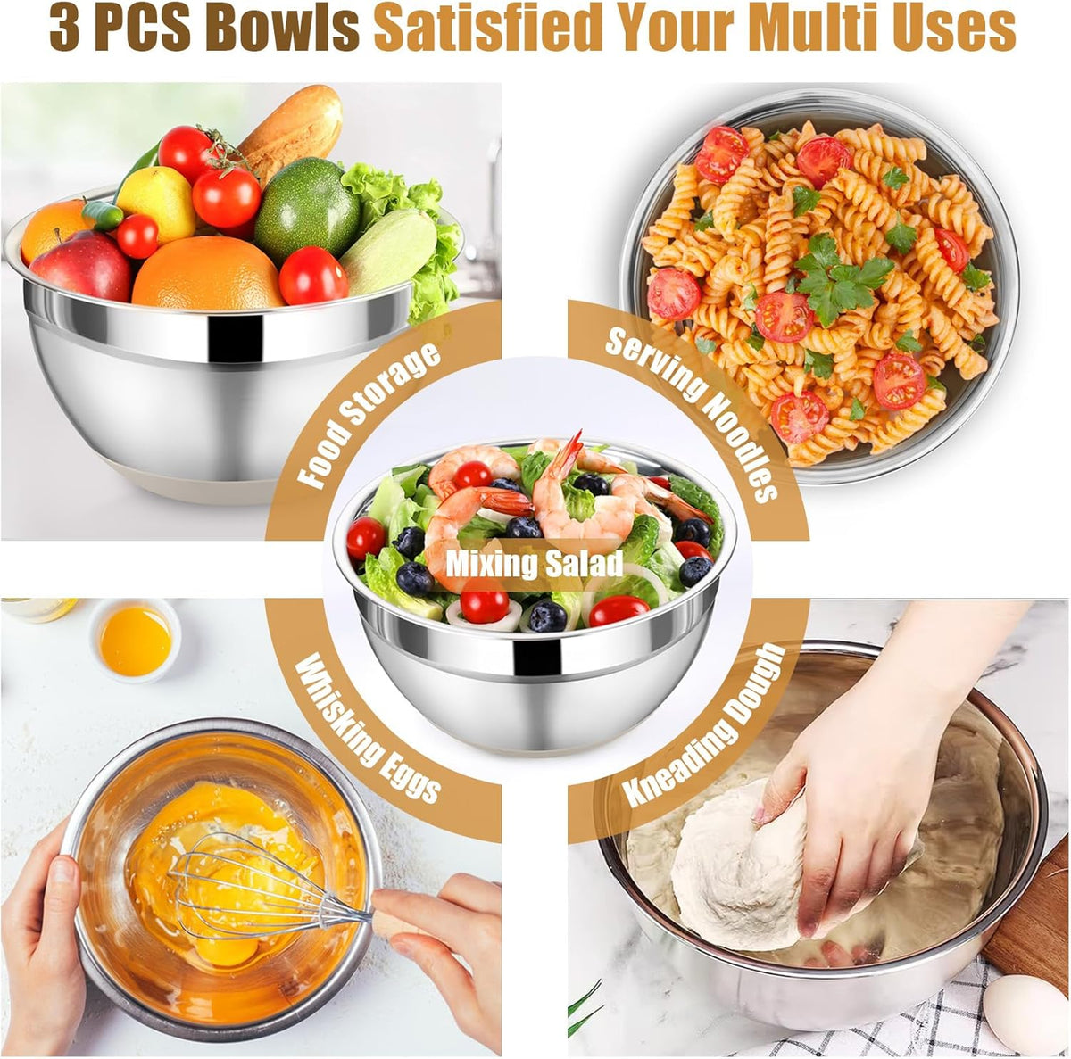 Mixing Bowl with Lid Set of 3, Stainless Steel Salad Bowls, Khaki