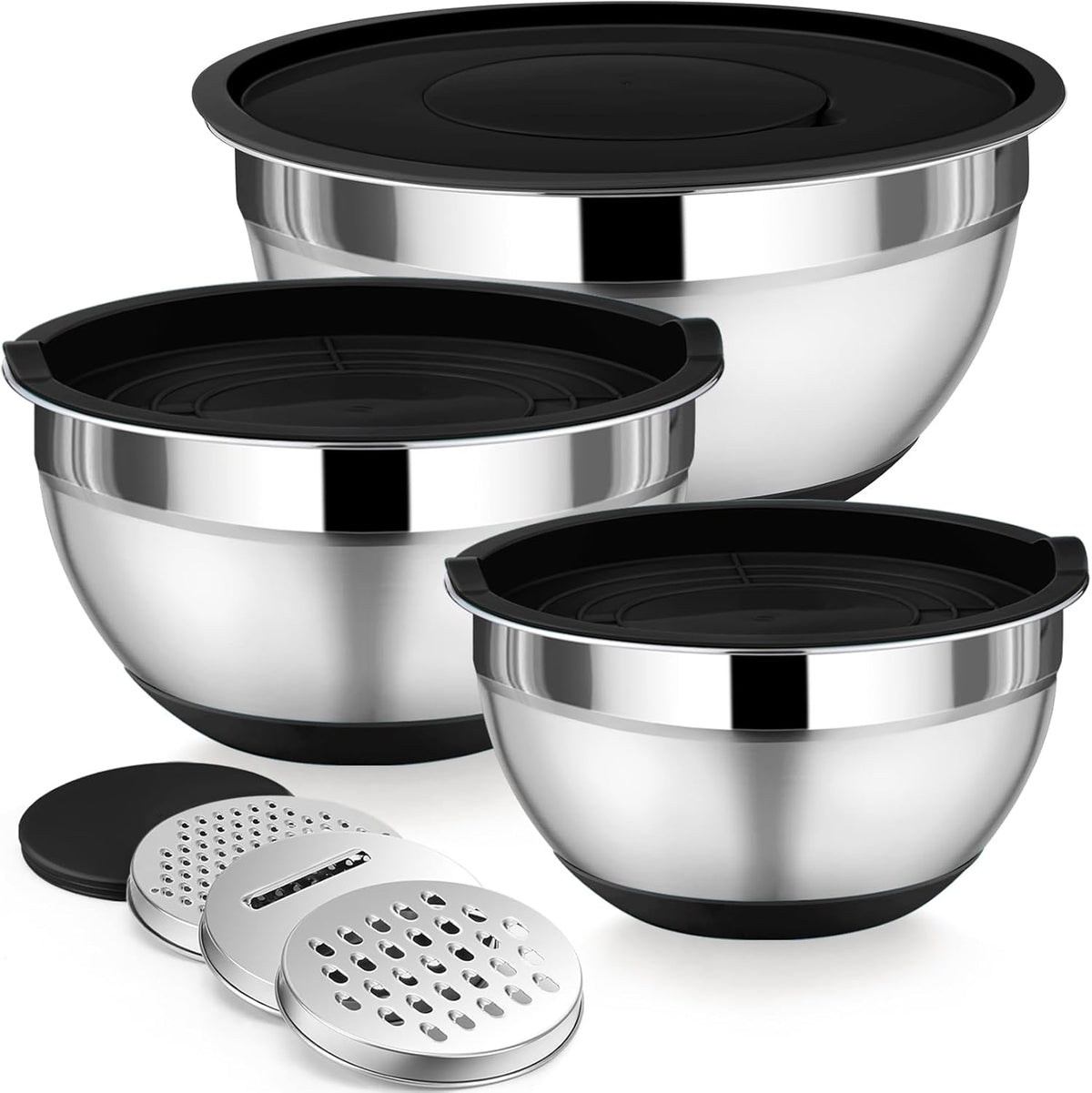 Mixing Bowl with Lid Set of 3, Stainless Steel Salad Bowls, Khaki