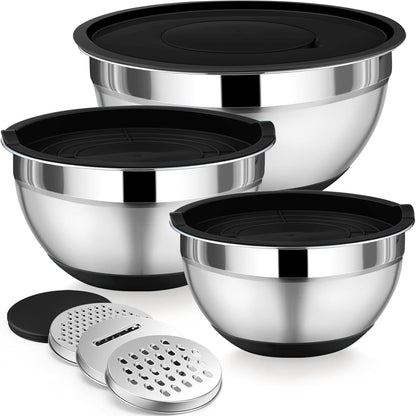 Mixing Bowl with Lid Set of 3, Stainless Steel Salad Bowls, Khaki