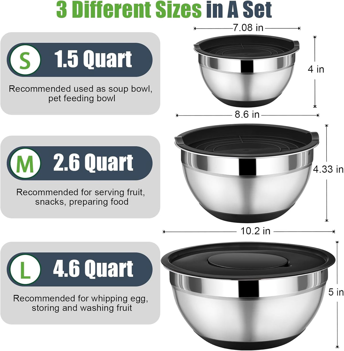 Mixing Bowl with Lid Set of 3, Stainless Steel Salad Bowls, Khaki