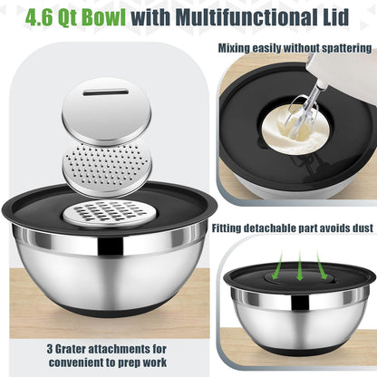 Mixing Bowl with Lid Set of 3, Stainless Steel Salad Bowls, Khaki