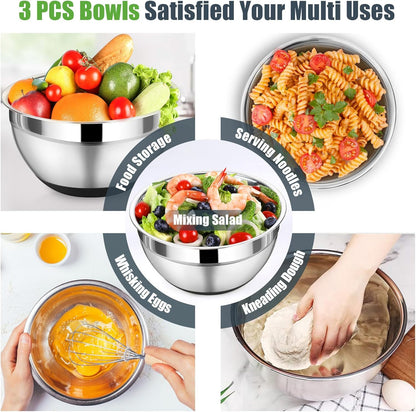 Mixing Bowl with Lid Set of 3, Stainless Steel Salad Bowls, Khaki