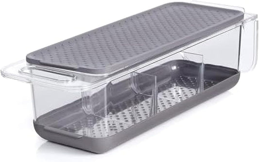 Over the Sink Colander Fridge Storage Bin with Lid - Refrigerator Organizer for Fruits Vegetables Produce - Clear Design with Built-In Handles, Removable Drain Cover