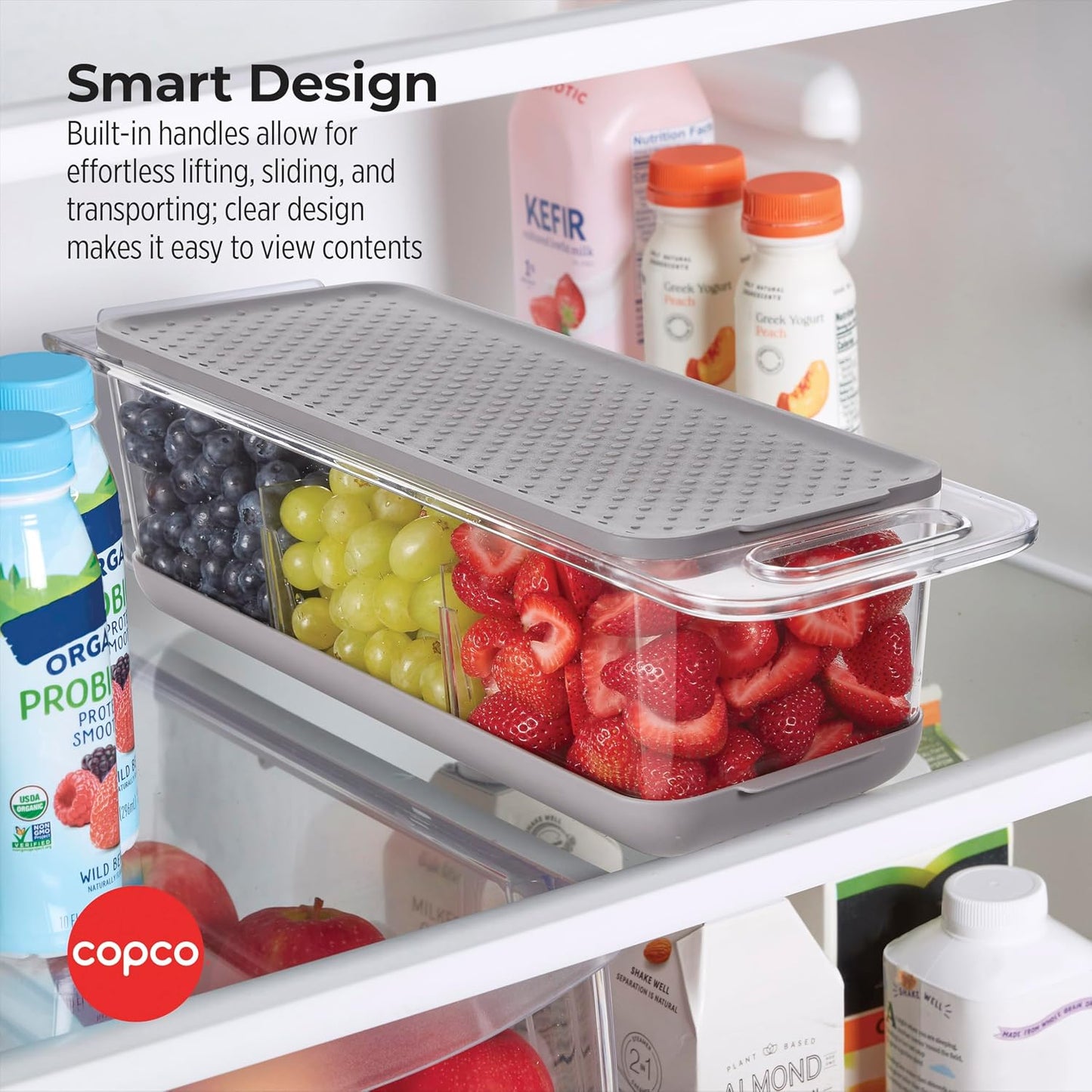 Over the Sink Colander Fridge Storage Bin with Lid - Refrigerator Organizer for Fruits Vegetables Produce - Clear Design with Built-In Handles, Removable Drain Cover
