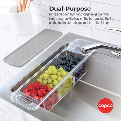 Over the Sink Colander Fridge Storage Bin with Lid - Refrigerator Organizer for Fruits Vegetables Produce - Clear Design with Built-In Handles, Removable Drain Cover