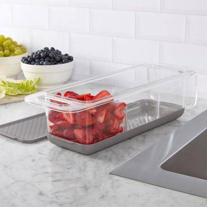 Over the Sink Colander Fridge Storage Bin with Lid - Refrigerator Organizer for Fruits Vegetables Produce - Clear Design with Built-In Handles, Removable Drain Cover