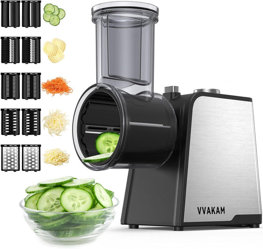 Electric Cheese Grater,300W DC Motor Salad Maker,Electric Slicer Shredder with 5 Different Shapes of Blades,Electric Vegetable Cutter for Potato,Carrot,Black